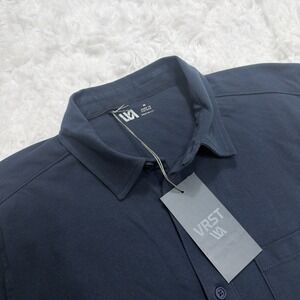 Mens M Short Sleeve Button Up Shirt Woven Knit Dark Blue Camp UPF 50 VRST New!!